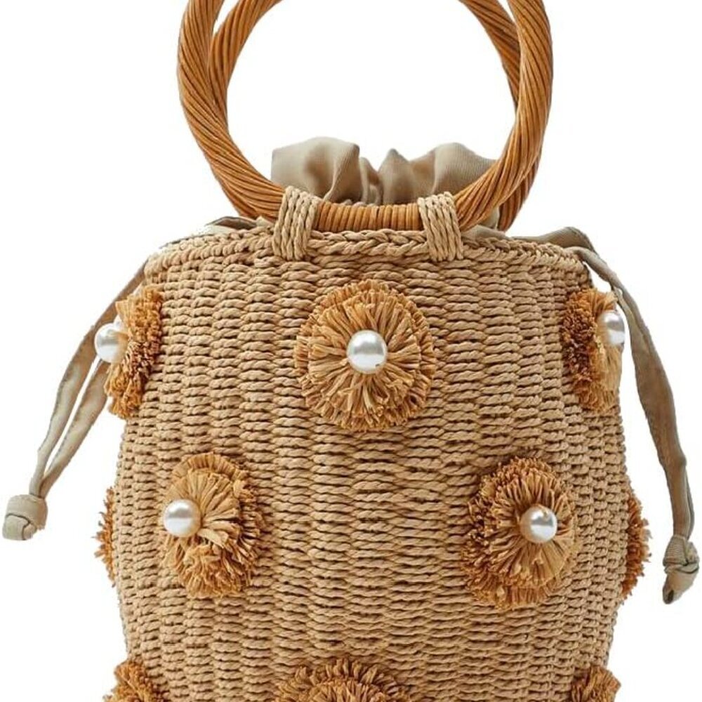 Flower Pearls Rattan Tote Bag Summer Beach Drawstring Straw Bucket Bag Diamonds